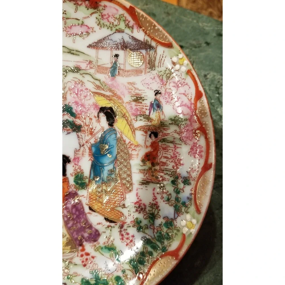 Antique Japanese Kutani Geisha Girl Hand Painted Cup & Saucer Set of 2